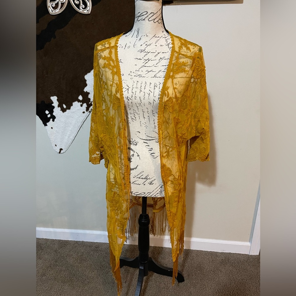 Women's Mustard Lace Kimono Cardigan